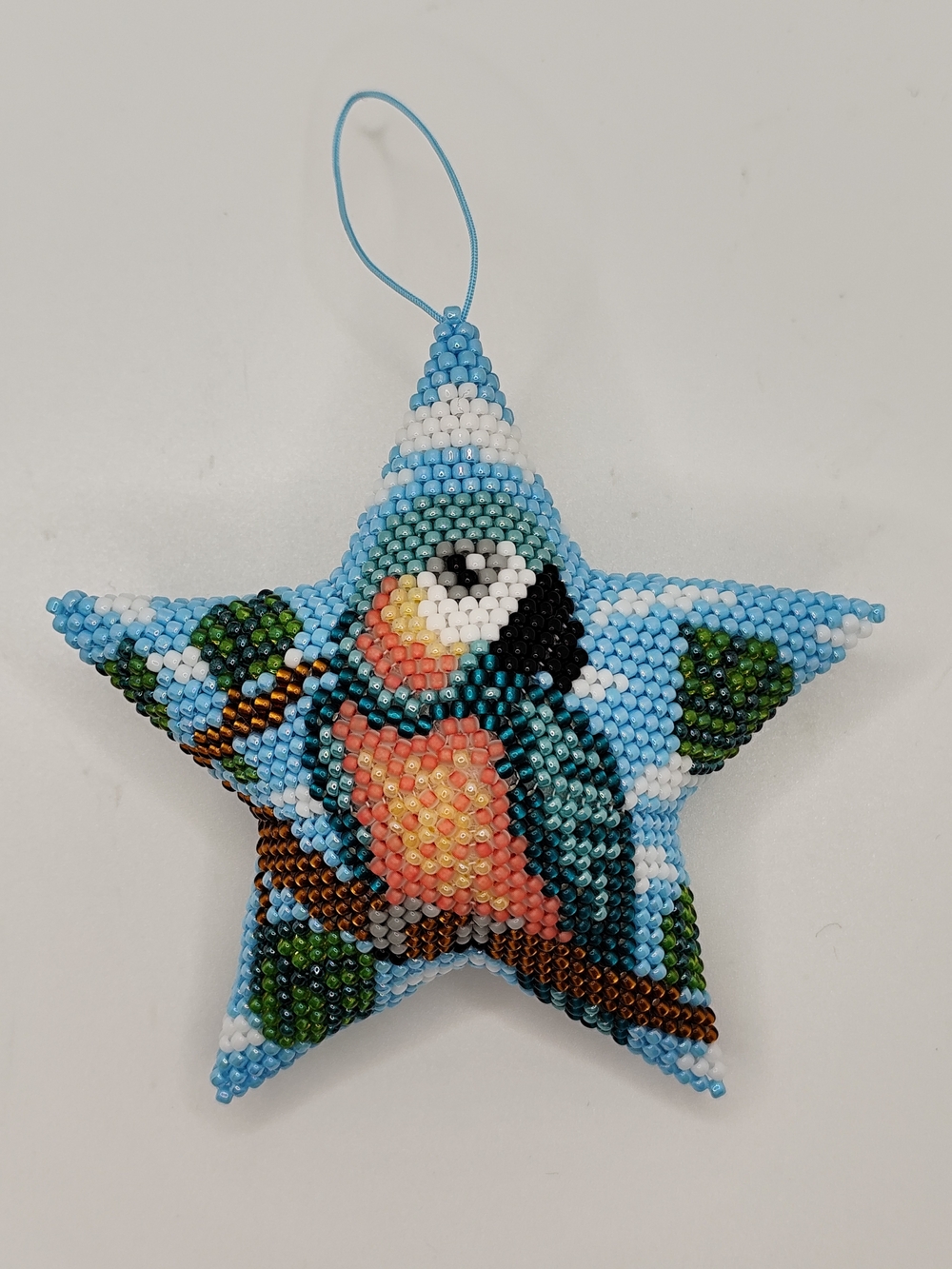 Beaded Parrot Star Ornament in Blue and Green